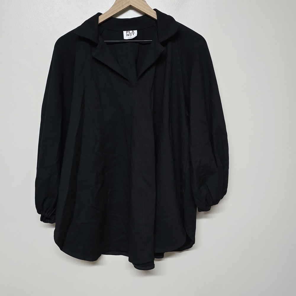 Planet By‎ Lauren G Womens Black Balloon Sleeve Tunic Shirt Sz 1 4/6/8 Collared